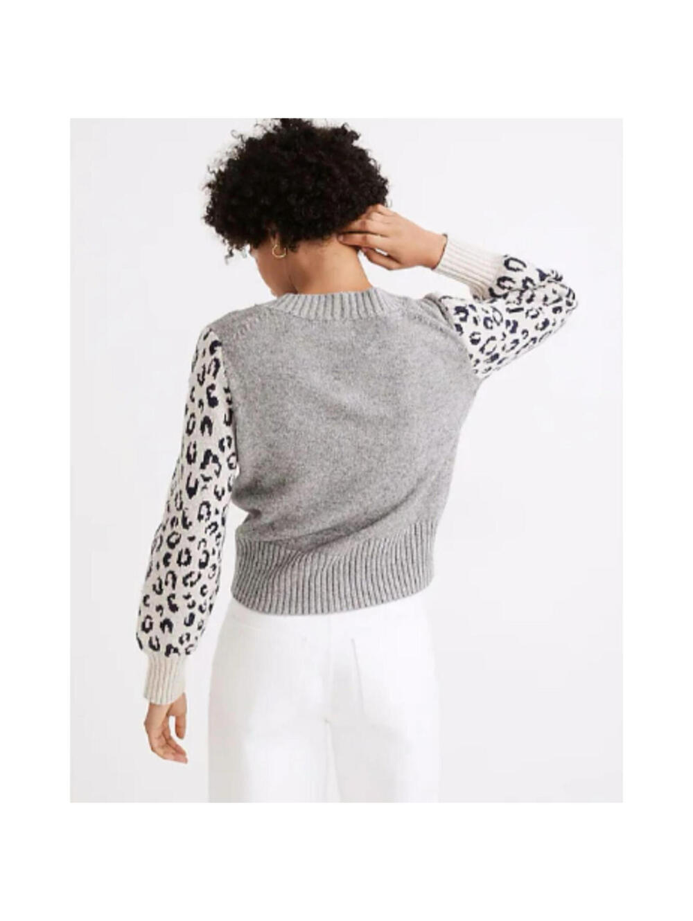 Madewell Gray Tensley Leopard Print Balloon Sleeve Pullover Sweater- Size Small - Picture 2 of 9